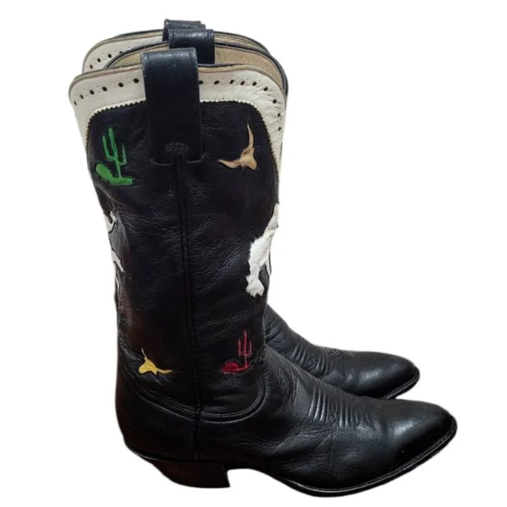 Larry Mahan Vintage Rare Rodeo Black White Red Cowgirl Cowboy Western Boots 7 B